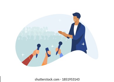 Male celebrity speaking on stage. Hands of journalists with microphones flat vector illustration. Show, performance, conference concept for banner, website design or landing web page