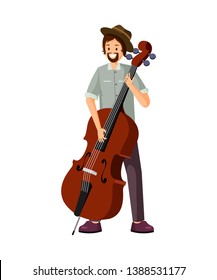 Männlicher Cello-Player, flache Vektorillustration. Fröhlicher Cellist, Straßenmusiker, der akustische Musikinstrumente spielt. Professioneller Jazzdarsteller, der Kontrabass, Doppelbass mit Fingern auf Strings hält