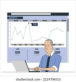 CEO masculino haciendo análisis de datos con ilustración de concepto de interfaz virtual