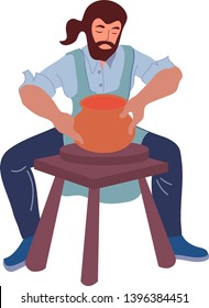 A male ceramist works at a potter's wheel in a ceramic workshop flat vector illustration isolated on white background. The idea for the design of master classes and craft shops, as well as logos.