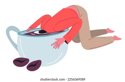 Male character addicted to energetic and aromatic coffee drink. Isolated personage drowning in cup of beverage. Caffeine addiction of man, americano or espresso big lover. Vector in flat style