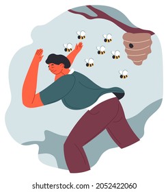 Carácter masculino con miedo a las abejas, hombre corriendo de un nido de insectos. Apifobia o melissofobia, desorden y problemas psicológicos. Estrés y ataque de animales. Vector en ilustración de estilo plano