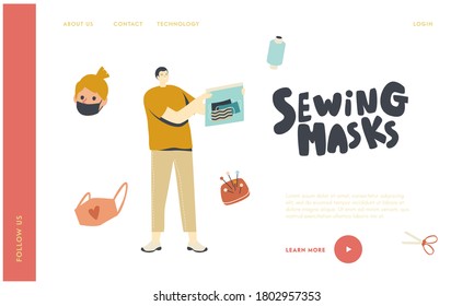 Male Character Against Virus Spreading, Air Pollution Landing Page Template. Man Hold Package with Medical Masks for Walking Outdoor during Coronavirus Quarantine Outbreak. Linear Vector Illustration
