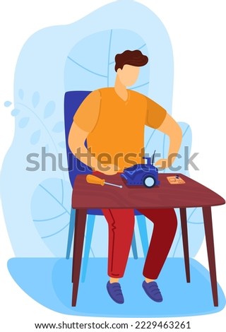 Male character amateur builder engineer screwdriver work home isolated on white, flat vector illustration. Professional execution activity.