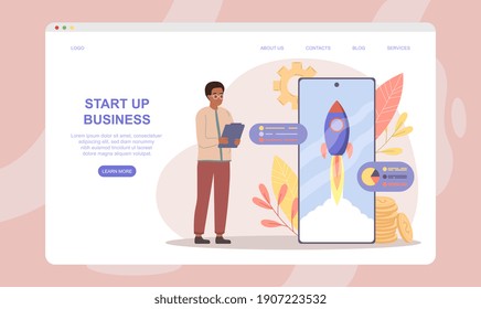 Male character is analysing data at the launch of a new startup. Man is standing next to smartphone with rocket on screen. Website, web page, landing page template. Flat cartoon vector illustration