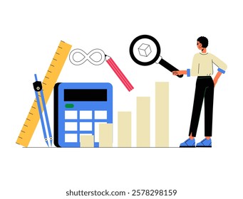 Male Character Analyzing Mathematical Science Data With Tools In Flat Vector Illustration Symbolizing Research, Calculation, And Learning, Isolated On White Background