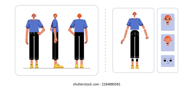 Carácter masculino de la animación de personajes lado, trasero, vista frontal y emociones. Joven hombre caucásico cuerpo y cara de construcción. Caricatura de tipo pelirrojo usa camiseta y pantalones negros, juego de vectores plana de arte de línea