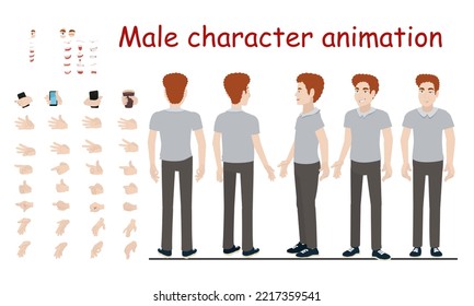 Male character for animation. View from the front, side and three quarters. Hands in different positions, facial expressions.