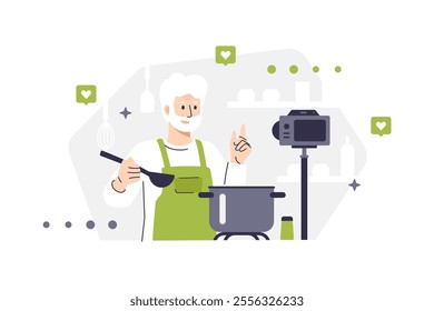 Male character in apron cooking soup according to recipe. Vector illustration of elderly bearded chef recording cooking process on camera. Man in home environment preparing food. Kitchen background