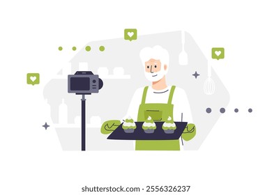 Male character in apron and kitchen gloves holding tray with cupcakes. Vector illustration of bearded man recording cooking process on camera. Shelves with kitchen utensils and social media icons.