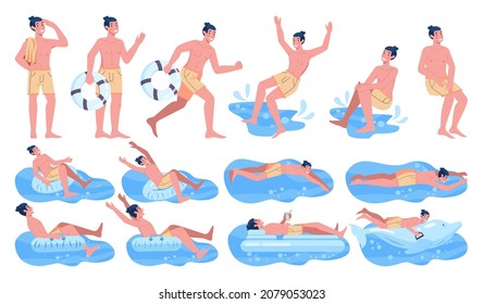 Male character at aquapark set. Man riding water slides and swiming in pool. Summertime vacation entertainment. Resort amusement, active water recreation. Flat vector illustration