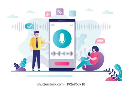 Male character asks for help from the voice assistant. Cute girl records voice messages using mobile phone. Concept of new technology, app interface and smart assistant.Trendy flat vector illustration