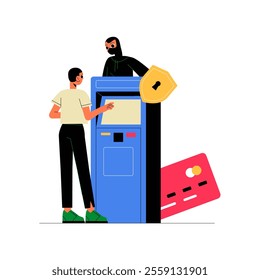 Male Character At ATM Facing Online Fraudster In Flat Vector Illustration Symbolizing Cybersecurity, Digital Theft, And Financial Scams, Isolated On White Background