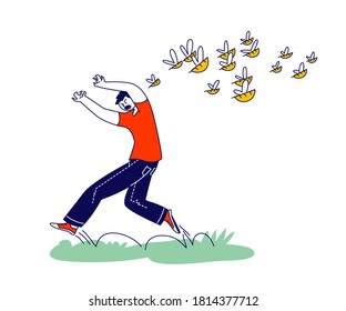 Male Character is Attacked with Swarm of Wild Bees. Man Escaping from Angry Insects Attack. Danger during Traveling and Outdoor Recreation, Unexpected Situation in Nature. Linear Vector Illustration