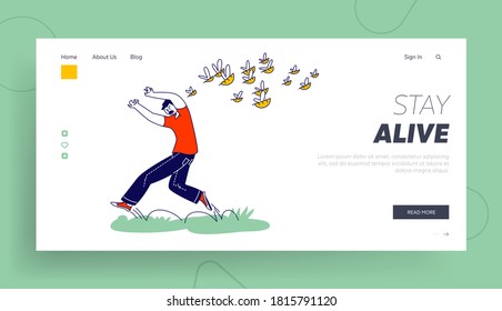 Male Character is Attacked with Swarm of Wild Bees Landing Page Template. Man Escaping from Angry Insects Attack. Danger during Traveling and Outdoor Recreation in Nature. Linear Vector Illustration