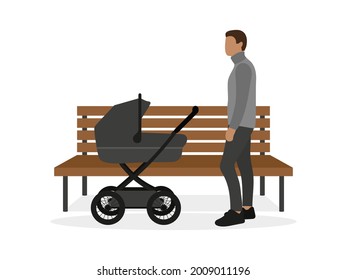 Male character with baby carriage stands near wooden bench on white background