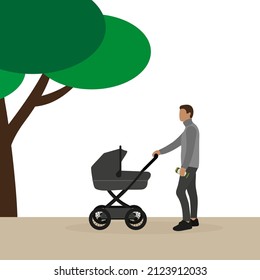 A male character with a baby stroller and a can of beer in his hand walks outdoors