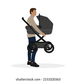 A male character with a baby stroller in his hands stands on a white background