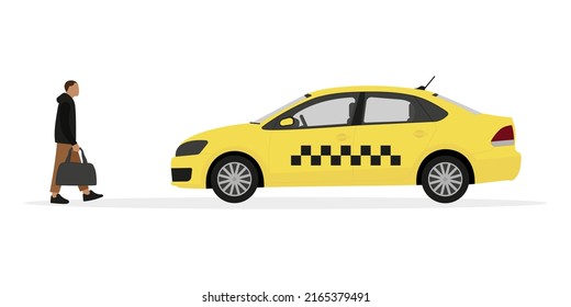 Male character with a bag in hand goes to a taxi on a white background