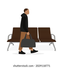 Male character with a bag in his hand walks past the seats on a white background