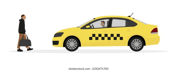 A male character with a bag in his hand goes to a taxi on a white background