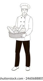 male  character baker standing with a basket of bread
