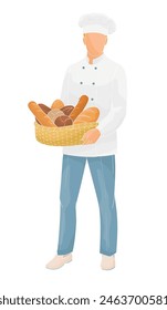 male  character baker standing with a basket of bread 