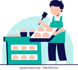 A male character is baking bread. Flat vector illustration