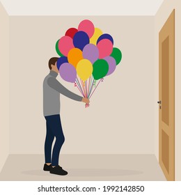 Male character with balloons in hand stands in front of a closed door