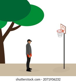 Male character with basketball in hand stands near basketball hoop outdoors