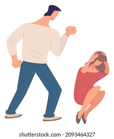 Male character beating and offending woman, isolated husband shouting and fighting with wife. Dysfunctional family and toxic relationships with tyrant or abuser. Failed marriage. Vector in flat style
