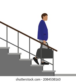 Male character with a big bag in hand goes down the stairs on a white background