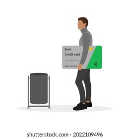 Male character with big credit card in hand stands near trash can on white background