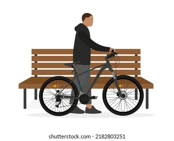 Male character with bike standing next to a wooden bench on white background