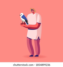 Male Character Bird Owner or Birdwatcher with Wild Pet Sitting on Hand. Man Releases Bird in Flight, Ornithologist Occupation, Volunteer Activity in Wildlife Nature. Cartoon Vector Illustration