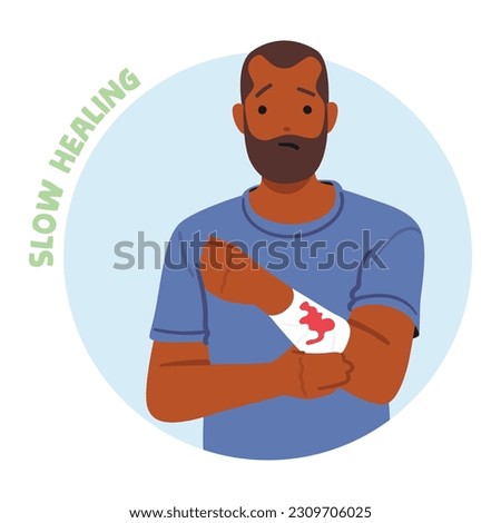 Male Character with Bleeding Arm. Concept of Delayed Recovery From Diabetes, A Condition Characterized By Prolonged Wound Healing And Reduced Response To Treatment. Cartoon People Vector Illustration