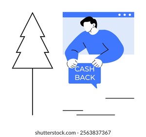 Male character in blue holds a cashback sign within a browser window. On the left, minimalistic tree outline. Ideal for cashback offers, online shopping, customer rewards, website design, financial