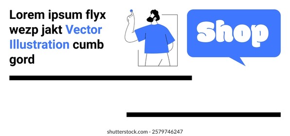 A male character in a blue shirt holds a blue object. A large blue speech bubble with the word Shop appears next to him. Ideal for e-commerce, online shopping, retail, marketing, promotions. Banner