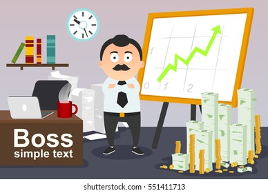 male character boss (worker) in his office next to the board (schedule, presentation).green arrow.money, bills, gold, coins, cash. vector illustration