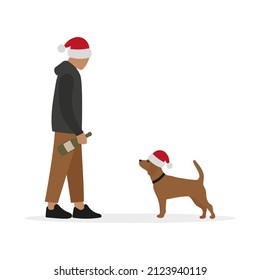 Male character with a bottle of champagne in his hand and a dog in New Year's hats together on a white background