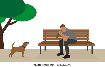 A male character with a bottle in his hand sits on a park bench and a dog with a collar is looking at him