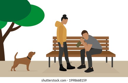 A male character with a bottle in his hand is sitting on a bench, and a female character and a dog are standing nearby