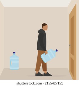 A male character with bottles of water for a cooler stands in front of a closed door indoors