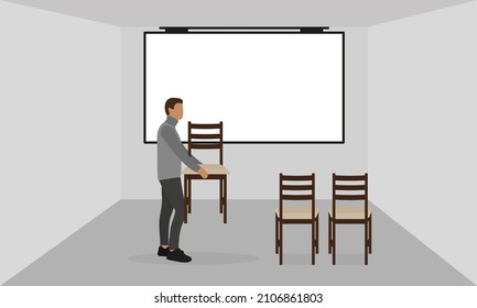 A male character brings chairs to a room with a screen hanging on the wall