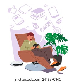 Personaje Masculino Navega Su Tablet, Seleccionando Libros O Artículos Del Hogar Con Facilidad, Disfrutando De La Comodidad De Las Compras En Línea Desde La Comodidad De Su Hogar. Ilustración vectorial de Personas de dibujos animados