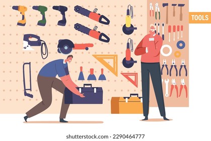 Male Character Browses The Tool Shop, Carefully Selecting Perfect Toolbox To Suit His Needs, Cartoon Illustration