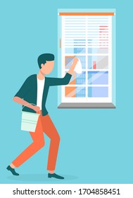 Male character with bucket and white wet rag washing windows on blue background . Cleaning service worker, city street, house. Flat design vector illustration
