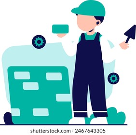 A male character is building a brick wall. Flat vector illustration