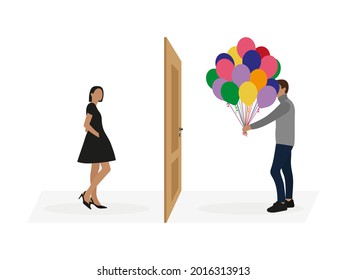 A male character with a bunch of balloons in his hand and a female character are standing on opposite sides of the door on a white background