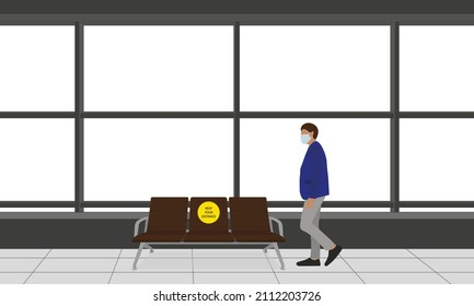 A Male Character In Business Attire And A Medical Mask Stands Near The Seats With A 